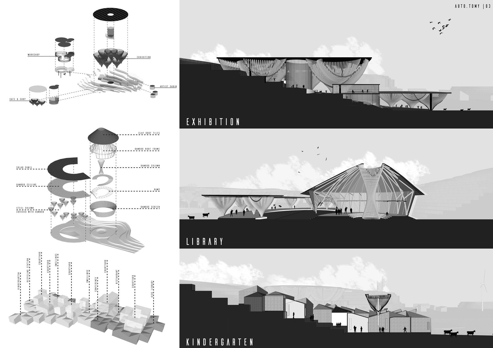 Exploded axonometric sections, AUTO.TOMY self-sufficient eco village in Fujian by Dika Ardi