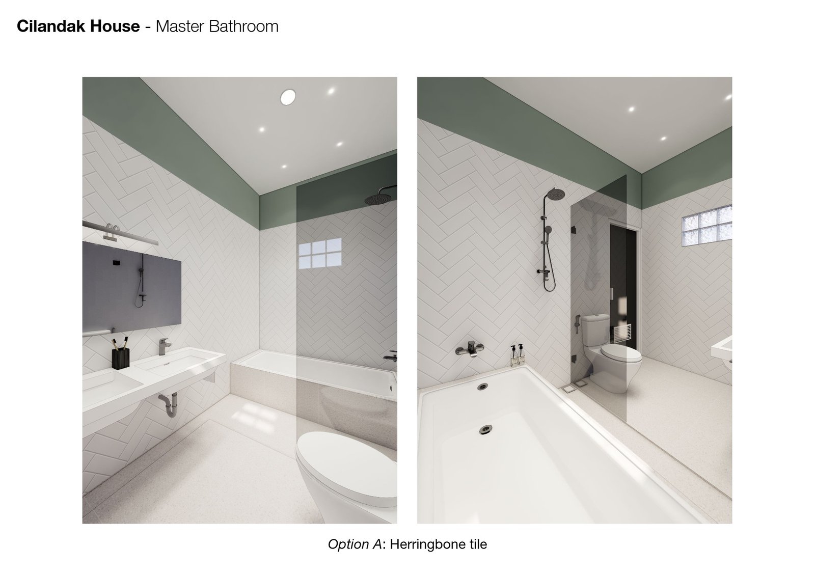 Master bathroom herringbone tile, Banjarsari House Jakarta, interior design by Dika Ardi