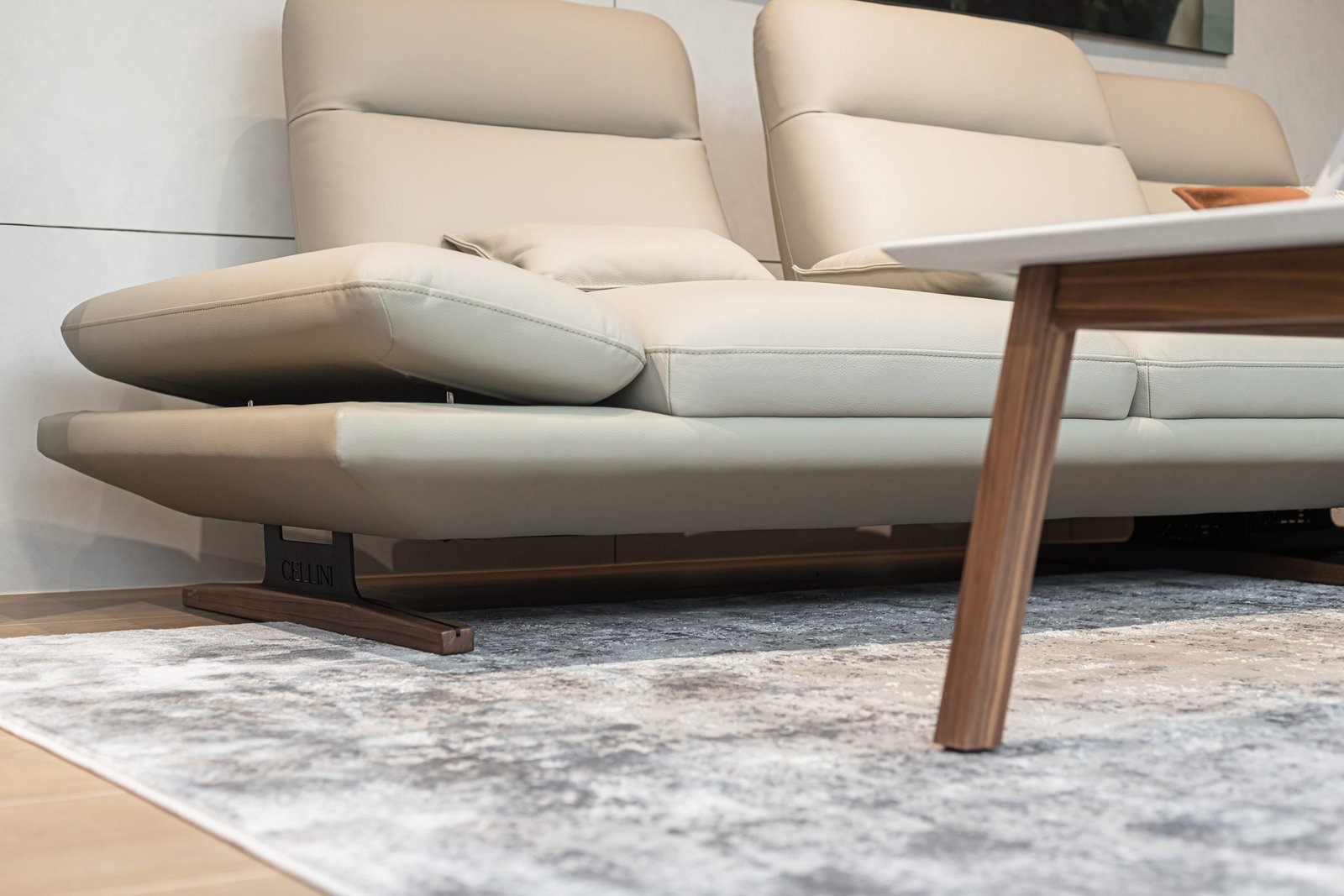 Leather sofa detail with walnut coffee table