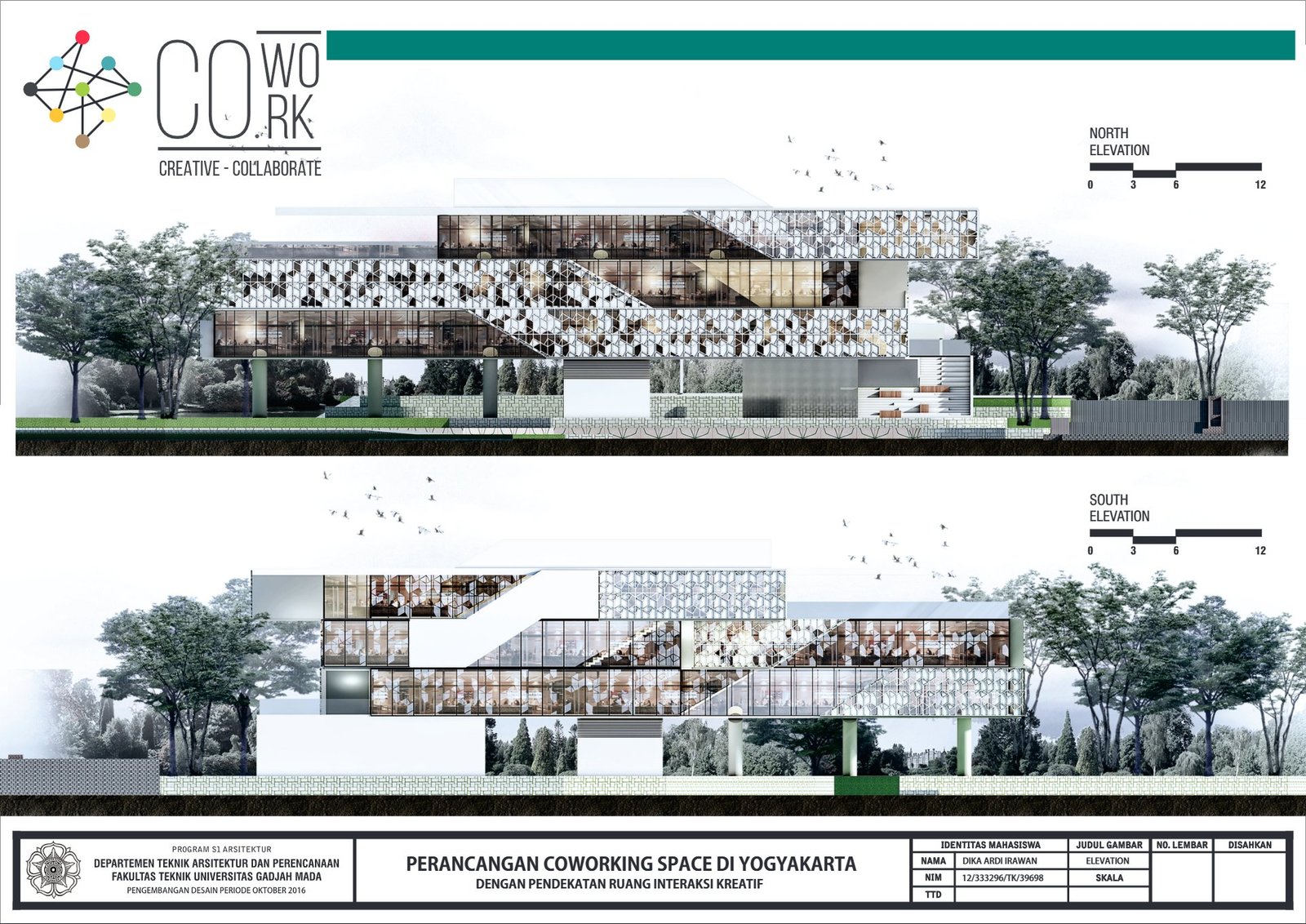 North south elevation of the coworking space in Yogyakarta, final project by Dika Ardi