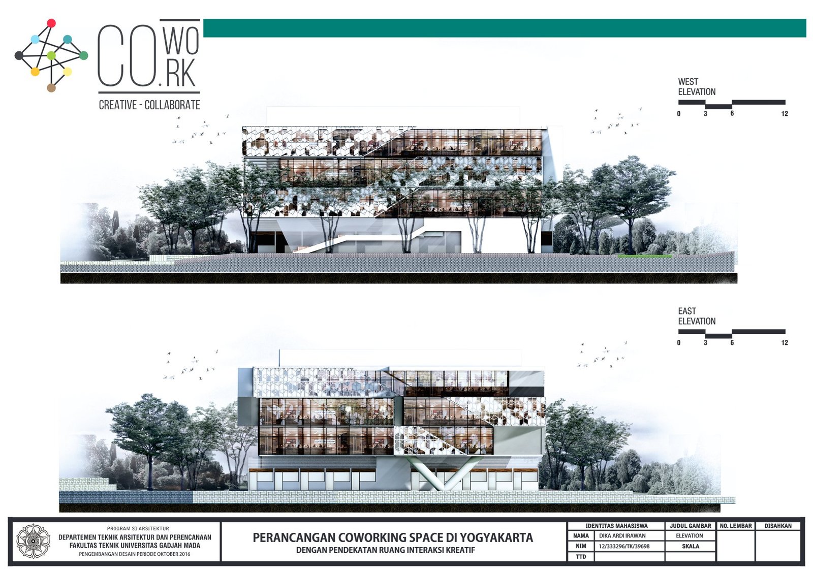 West east elevation of the coworking space in Yogyakarta, final project by Dika Ardi
