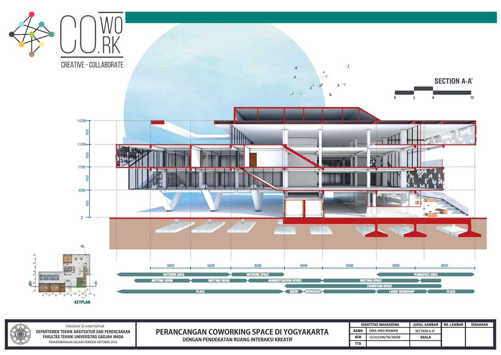 Section a a of the coworking space in Yogyakarta, final project by Dika Ardi