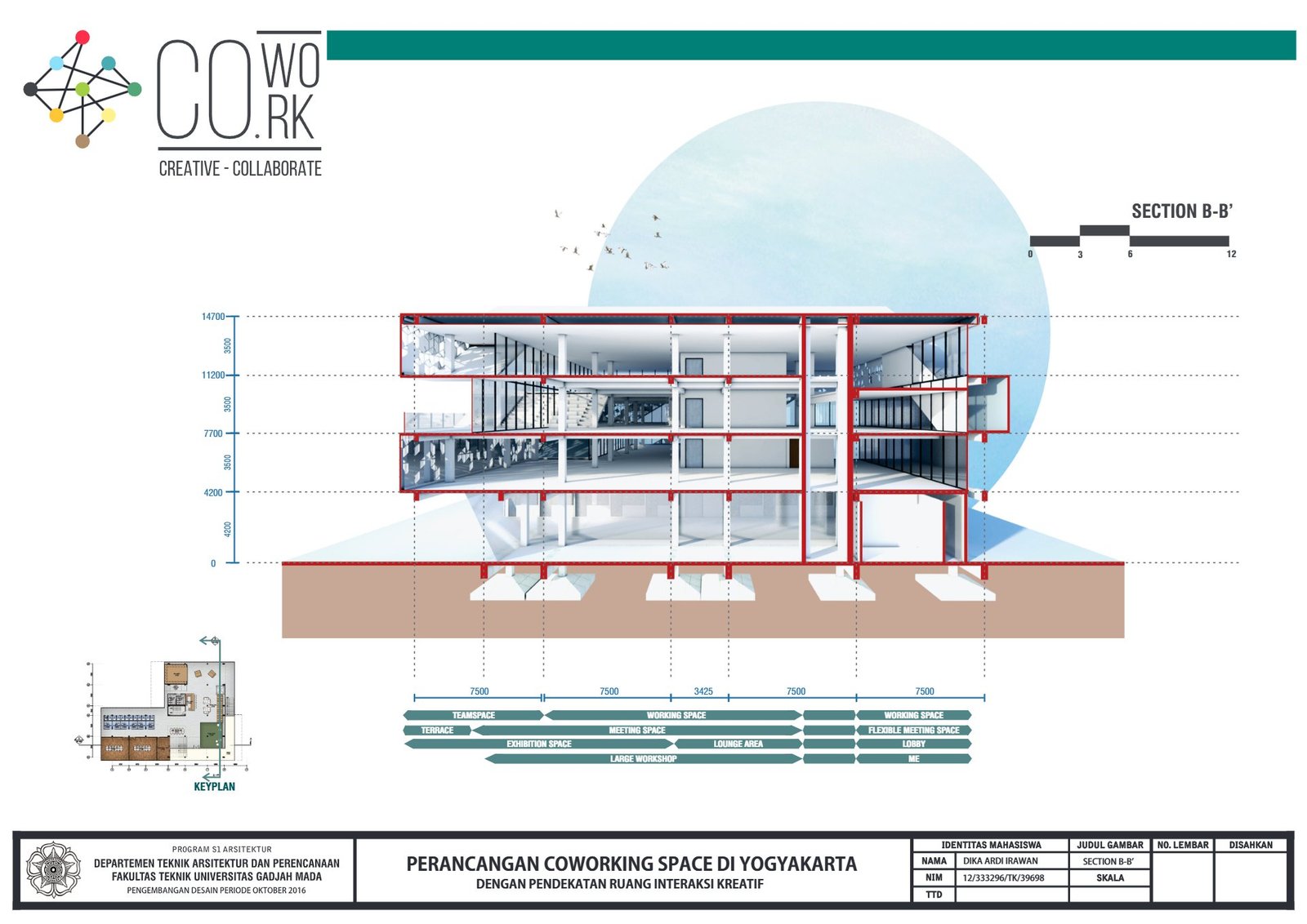 Section b b of the coworking space in Yogyakarta, final project by Dika Ardi