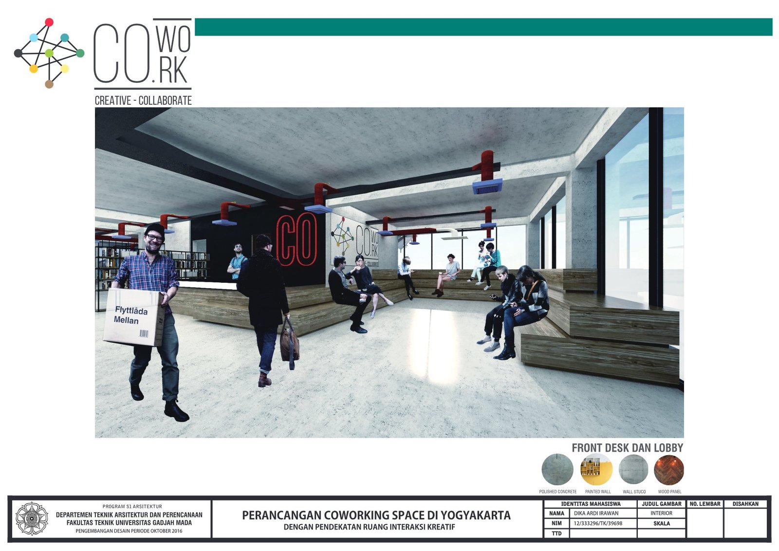 Front desk lobby of the coworking space in Yogyakarta, final project by Dika Ardi