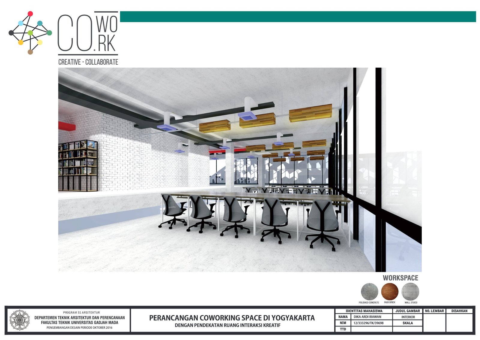 Workspace of the coworking space in Yogyakarta, final project by Dika Ardi