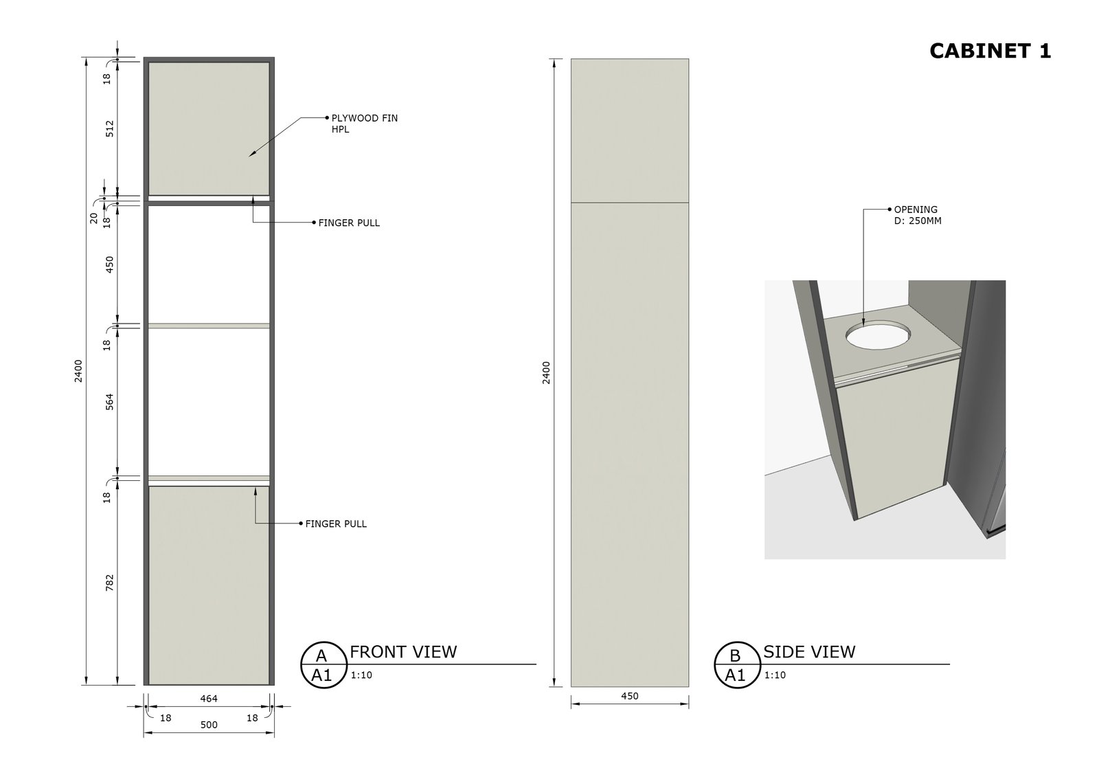 Cabinet 1, tall pantry unit front and side views, FD House, Bintaro, by Dika Ardi