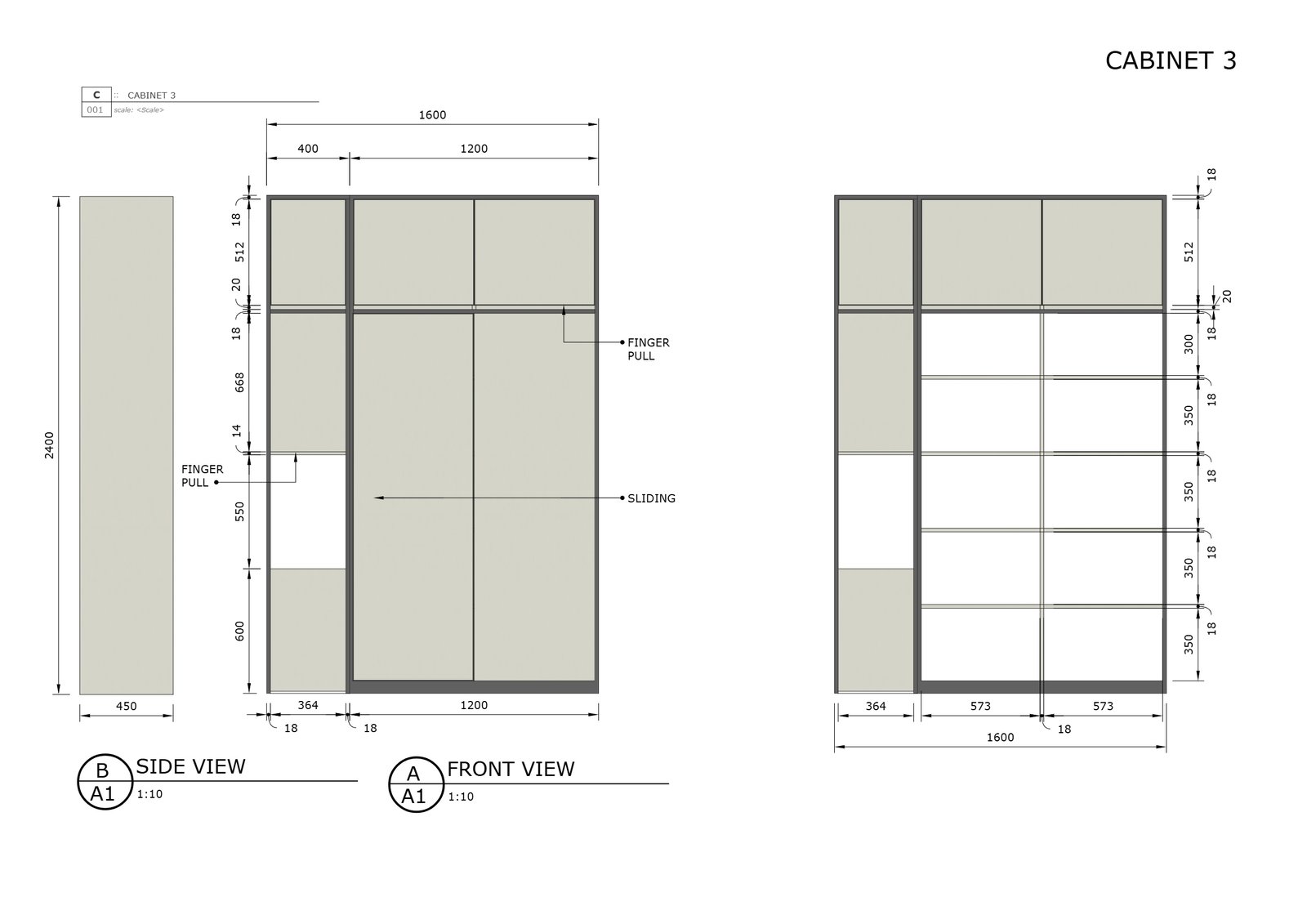 Cabinet 3, sliding-door storage wall elevations, FD House, Bintaro, by Dika Ardi
