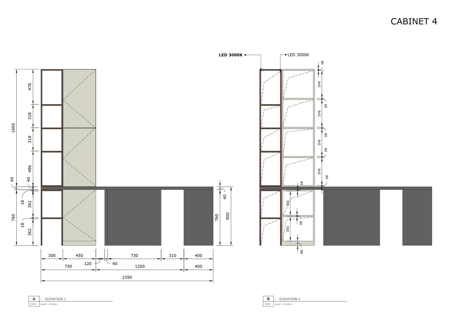 Cabinet 4, L-shaped desk with lit display shelving, FD House, Bintaro, by Dika Ardi