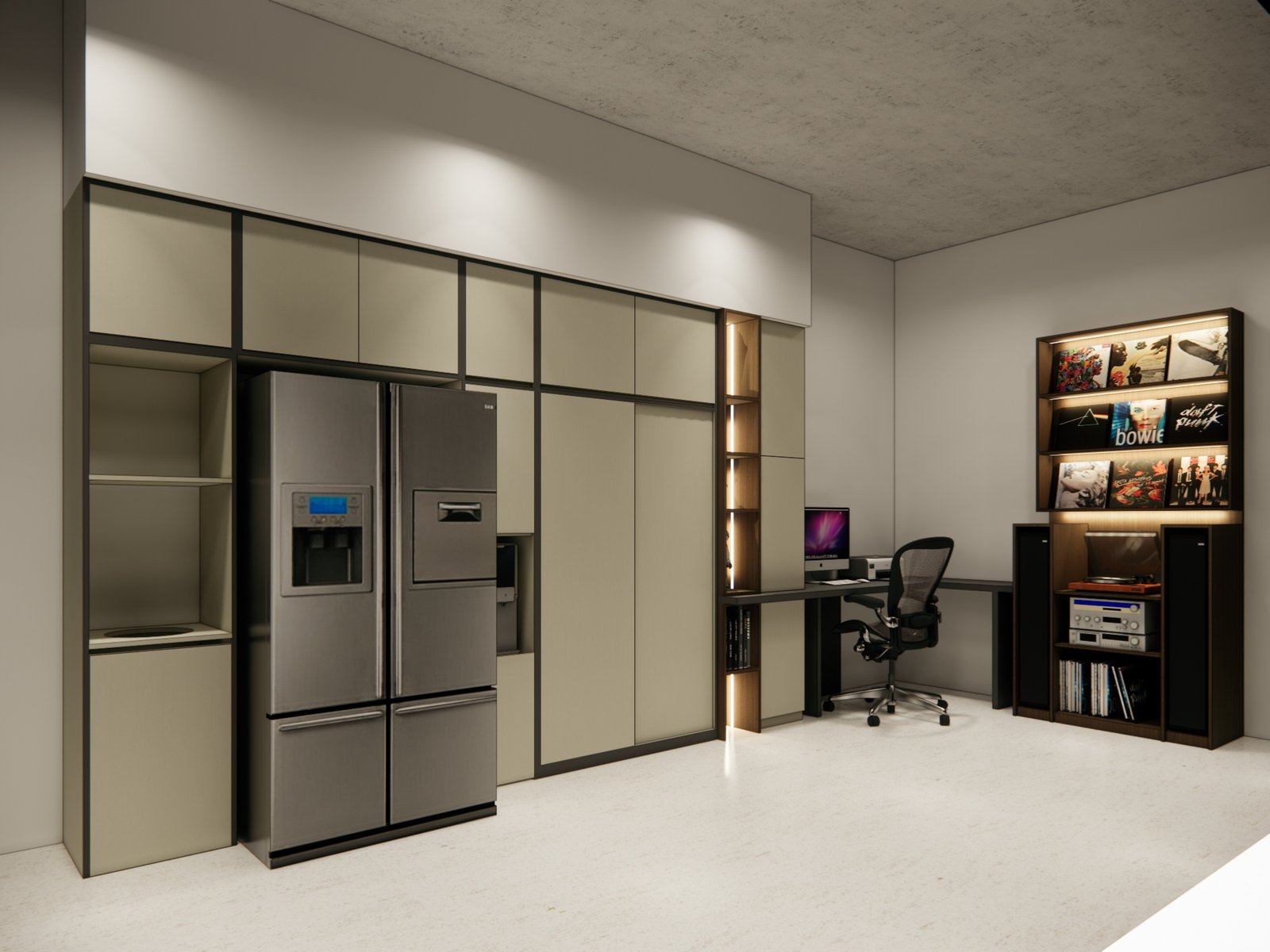 Built-in fridge and tall cabinets beside the work desk, FD House, Bintaro, by Dika Ardi