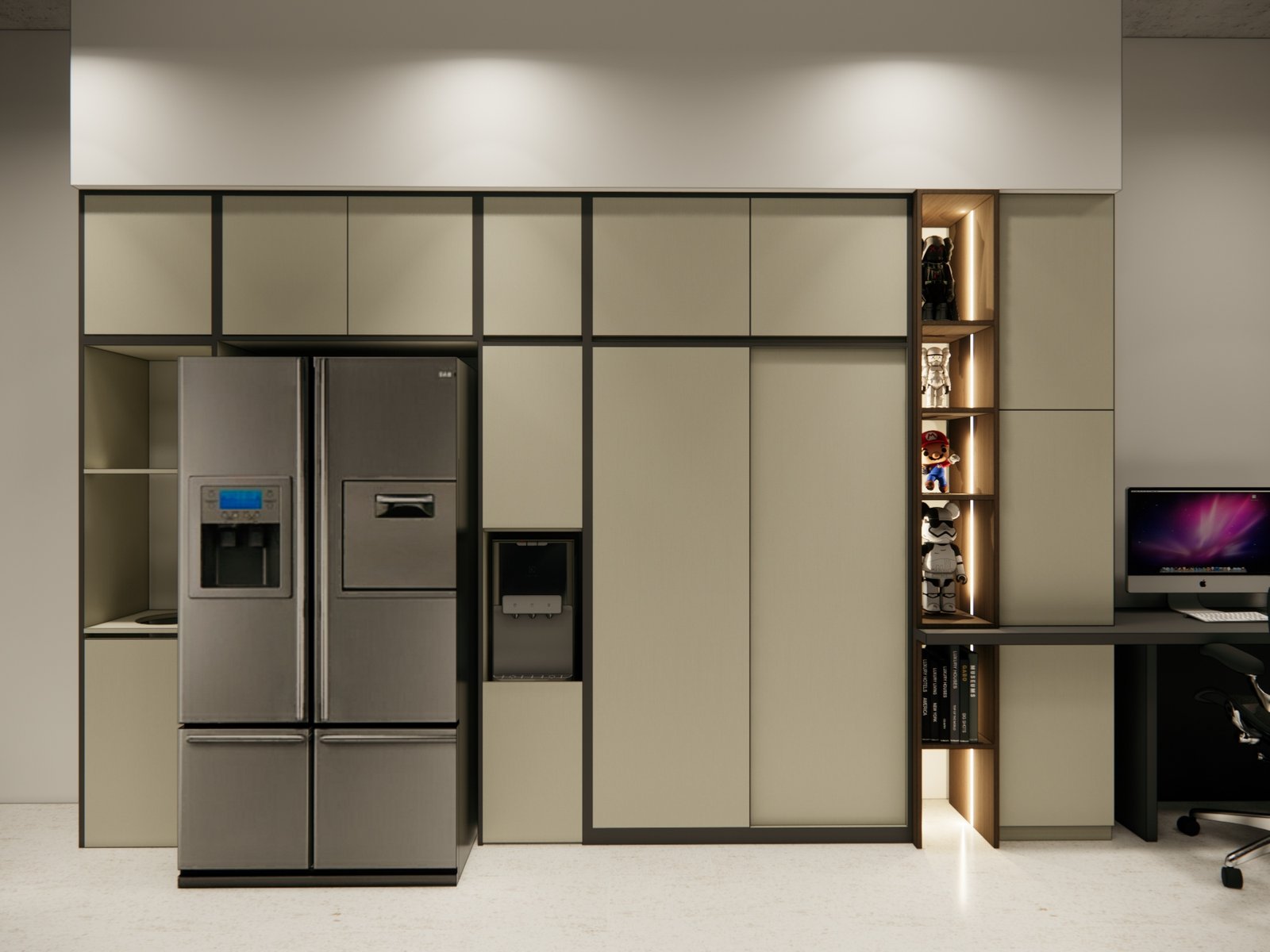 Pantry wall elevation with integrated fridge and dispenser, FD House, Bintaro, by Dika Ardi