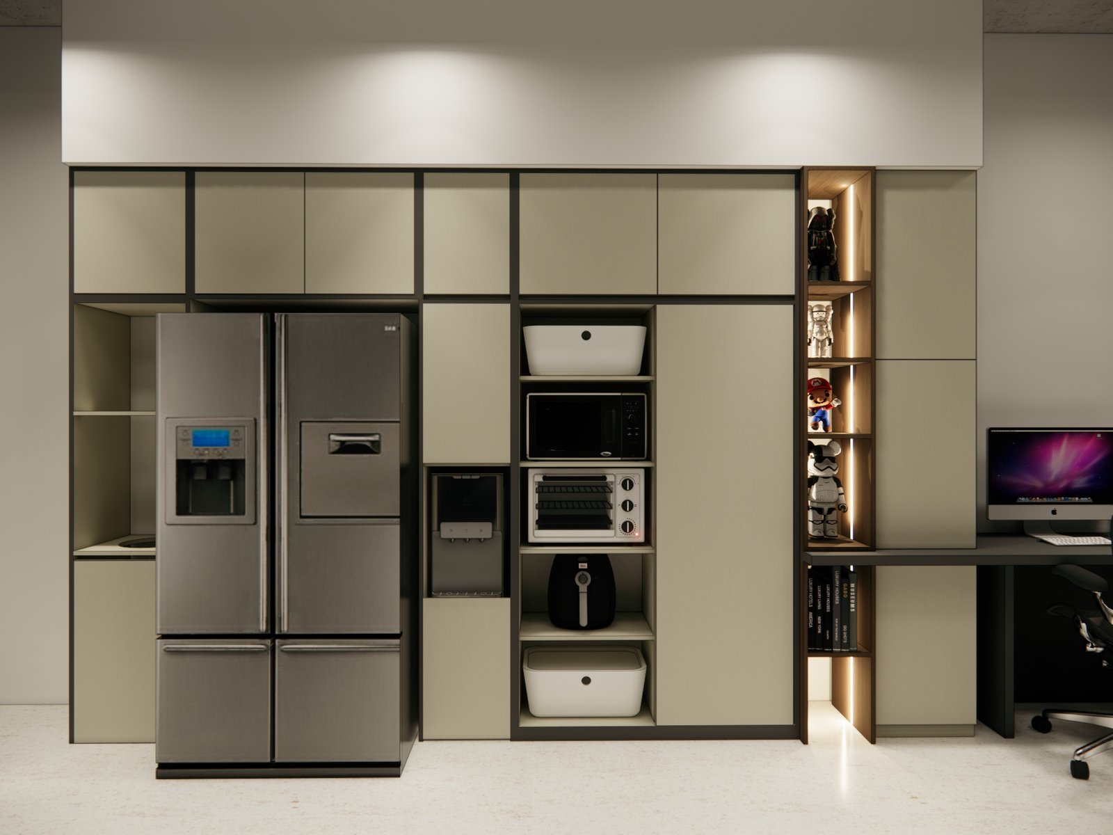 Open appliance tower with microwave, oven and storage boxes, FD House, Bintaro, by Dika Ardi