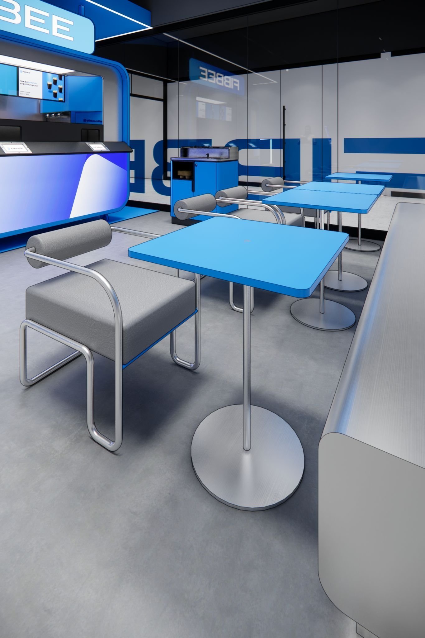 Close view of blue tables and steel-frame chairs