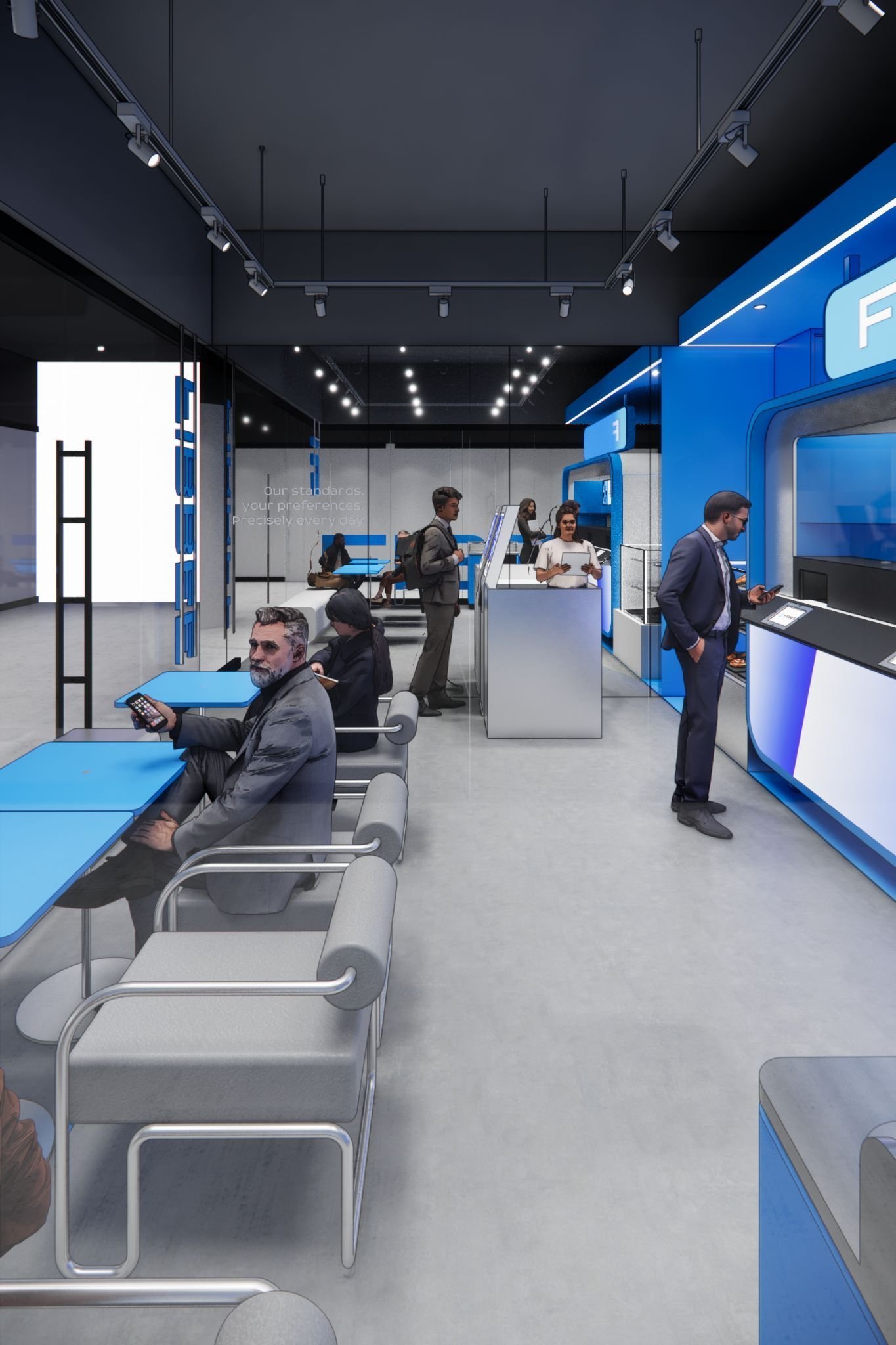 Long bench seating along the store wall