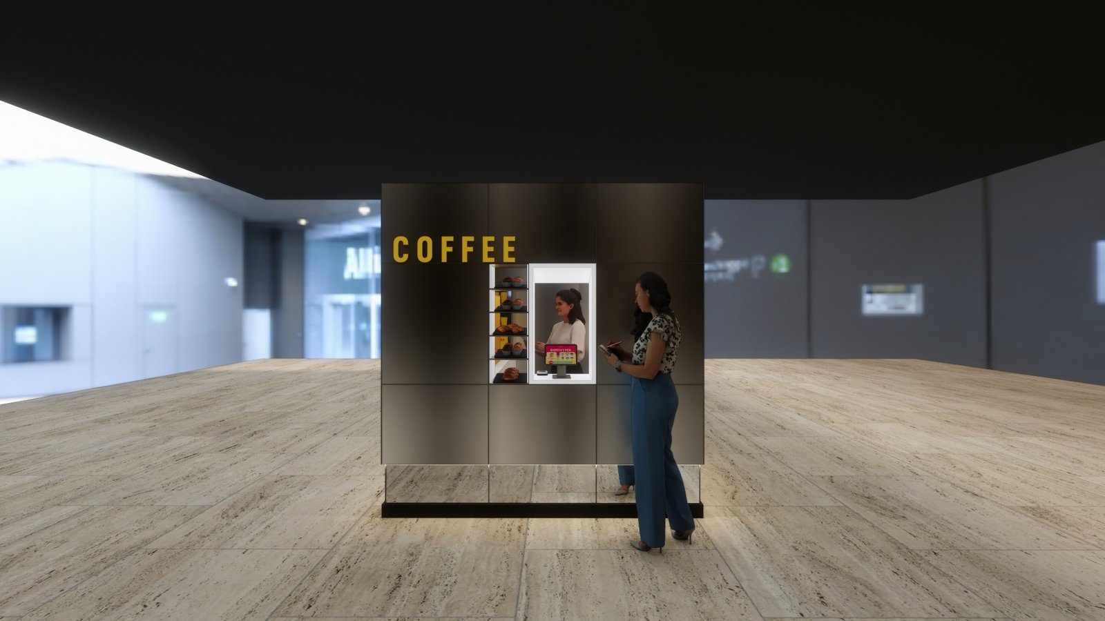 The Box, service window with barista and pastry display, Flash Coffee Pop-Up Concept, Jakarta, by Dika Ardi