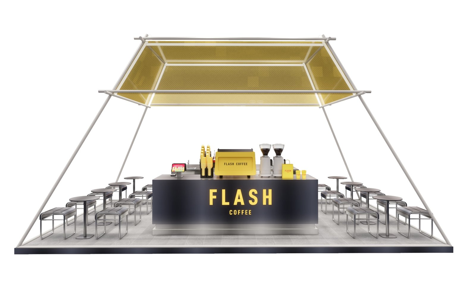 The Canopy, open pavilion front view, Flash Coffee Pop-Up Concept, Jakarta, by Dika Ardi
