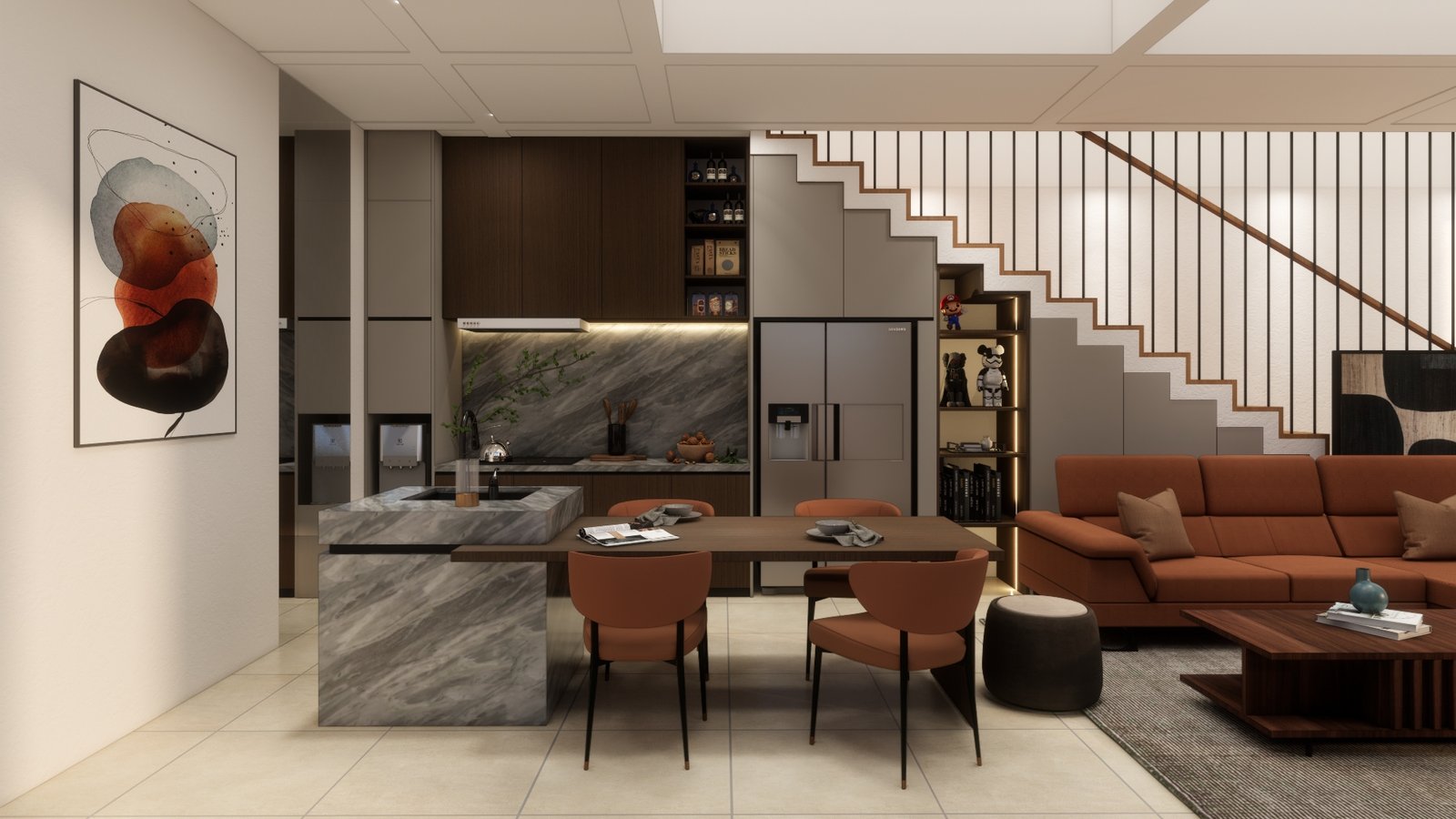 Dining area and kitchen island, M House, Jakarta, by Dika Ardi