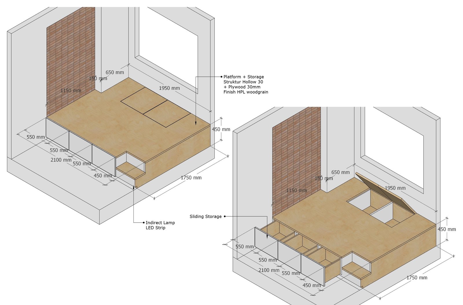 Raised bed platform with storage, axonometric, Mr AN Apartment, Jakarta, by Dika Ardi