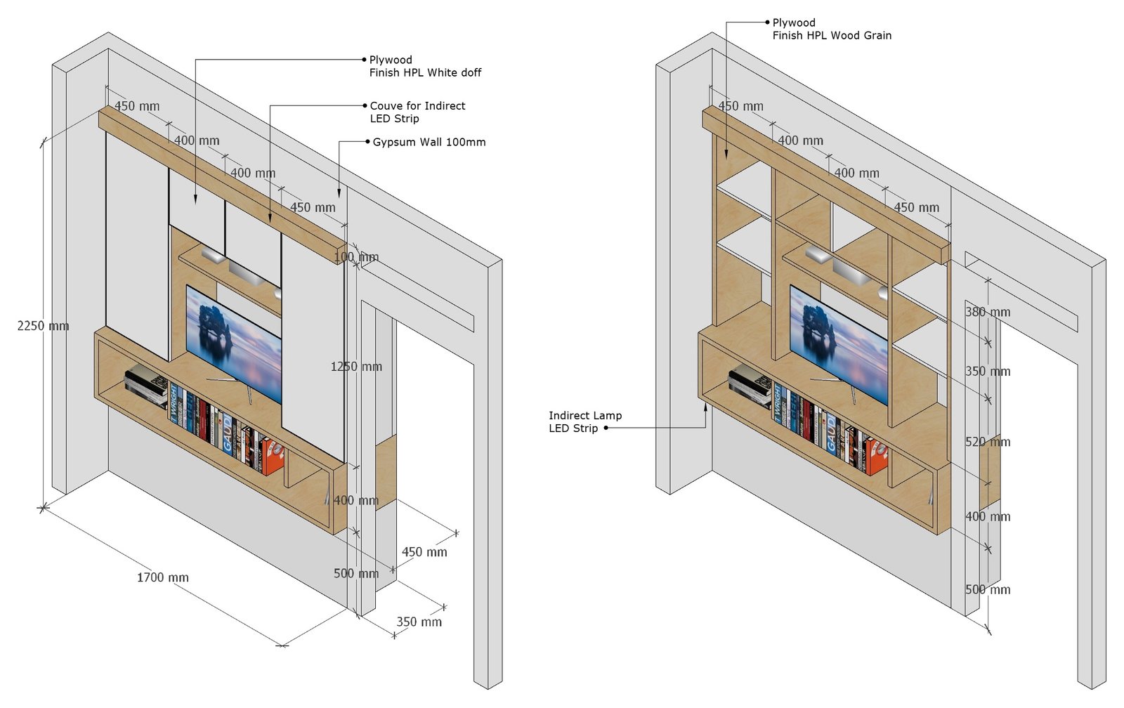 Built-in TV cabinet, axonometric, Mr AN Apartment, Jakarta, by Dika Ardi