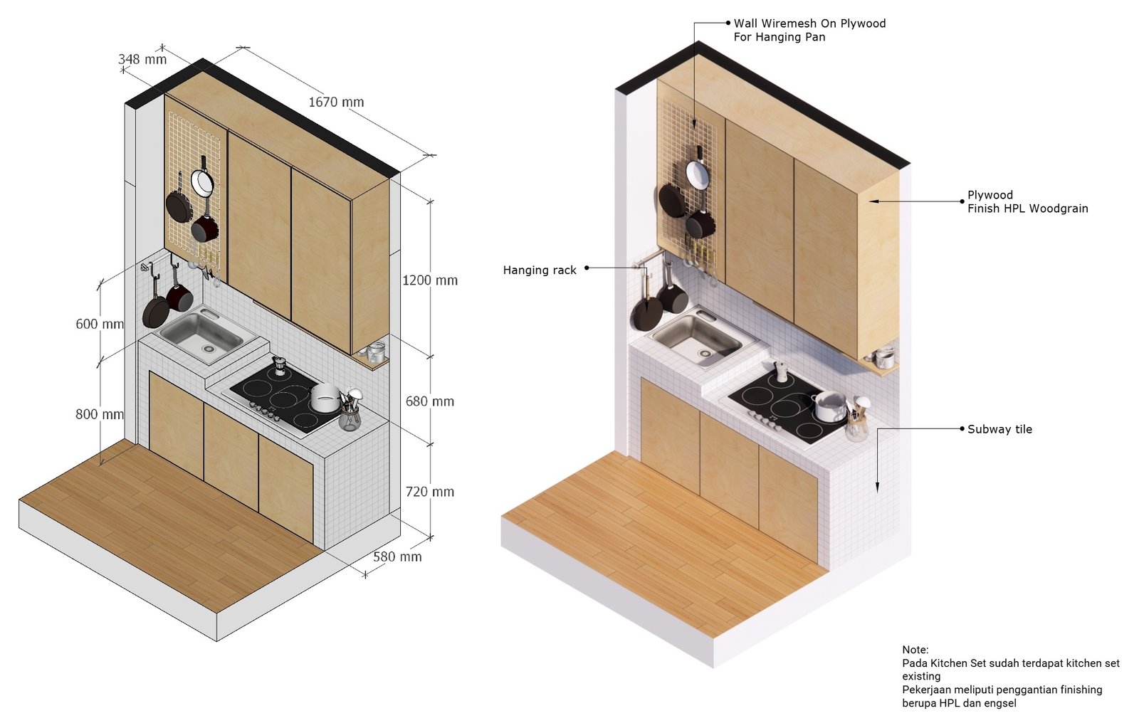 Kitchen set, axonometric, Mr AN Apartment, Jakarta, by Dika Ardi