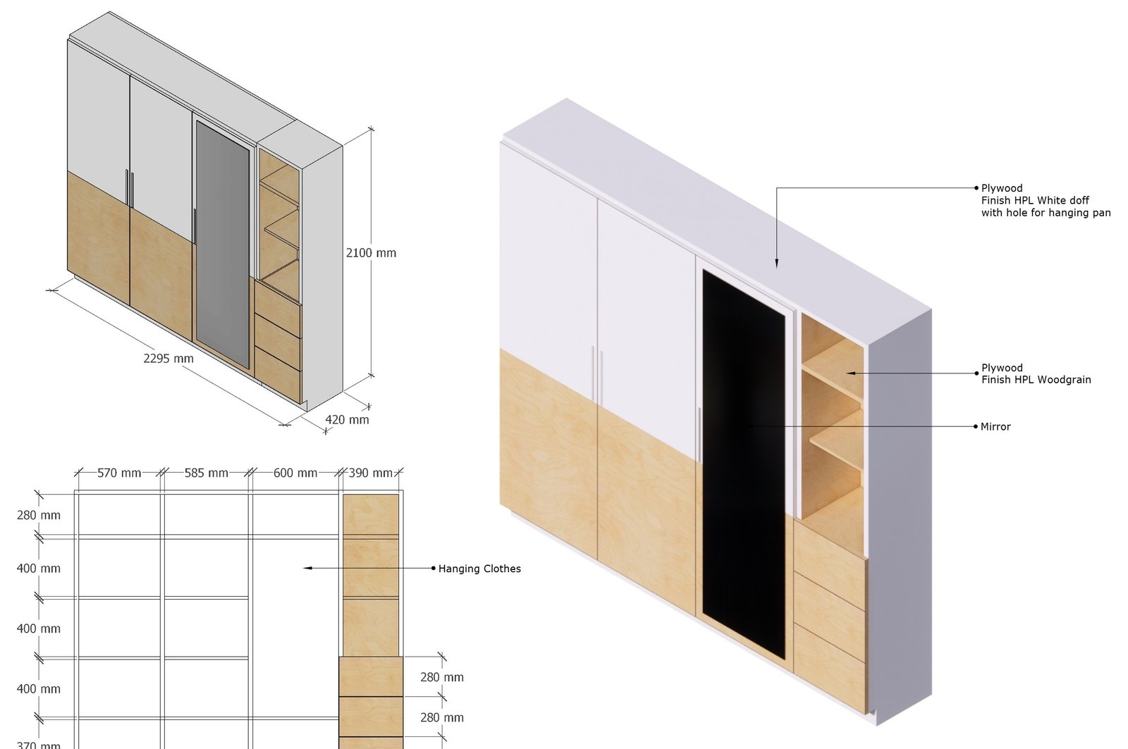 Custom wardrobe, axonometric, Mr AN Apartment, Jakarta, by Dika Ardi