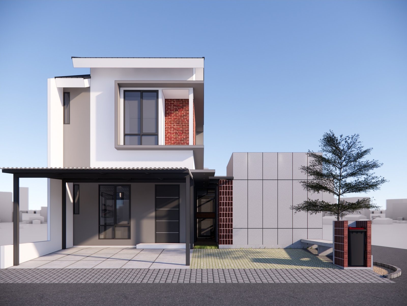 Front elevation render, Mr YS House, Tangerang, by Dika Ardi