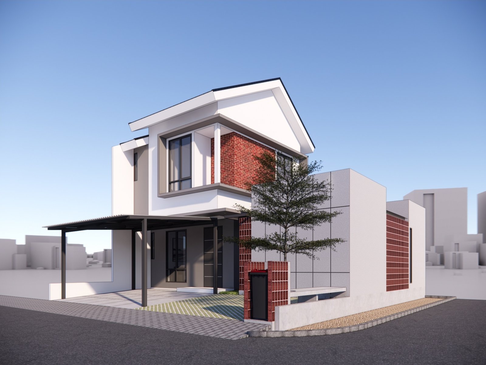 Corner perspective with carport, Mr YS House, Tangerang, by Dika Ardi