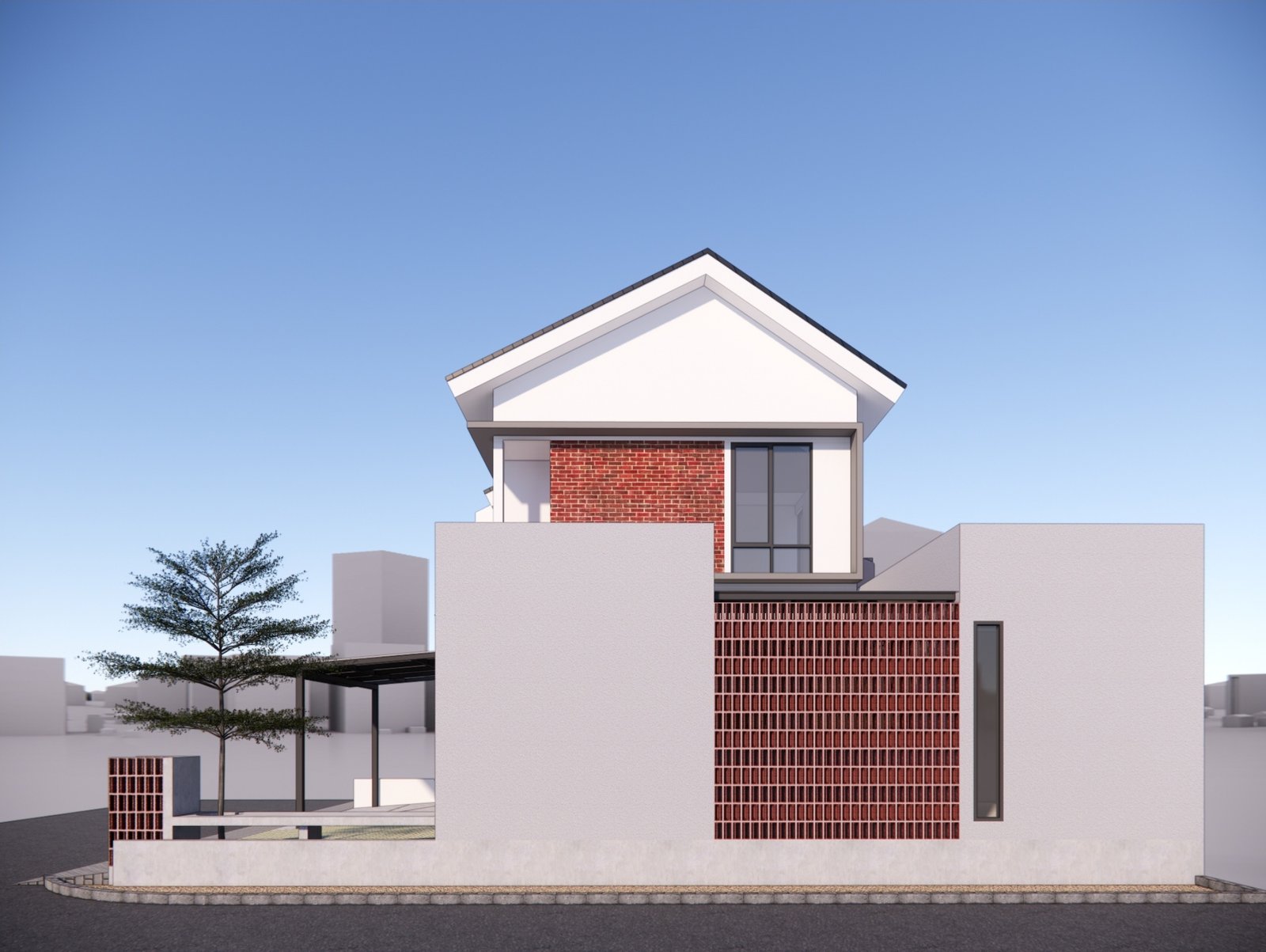 Side view with brick screen wall, Mr YS House, Tangerang, by Dika Ardi
