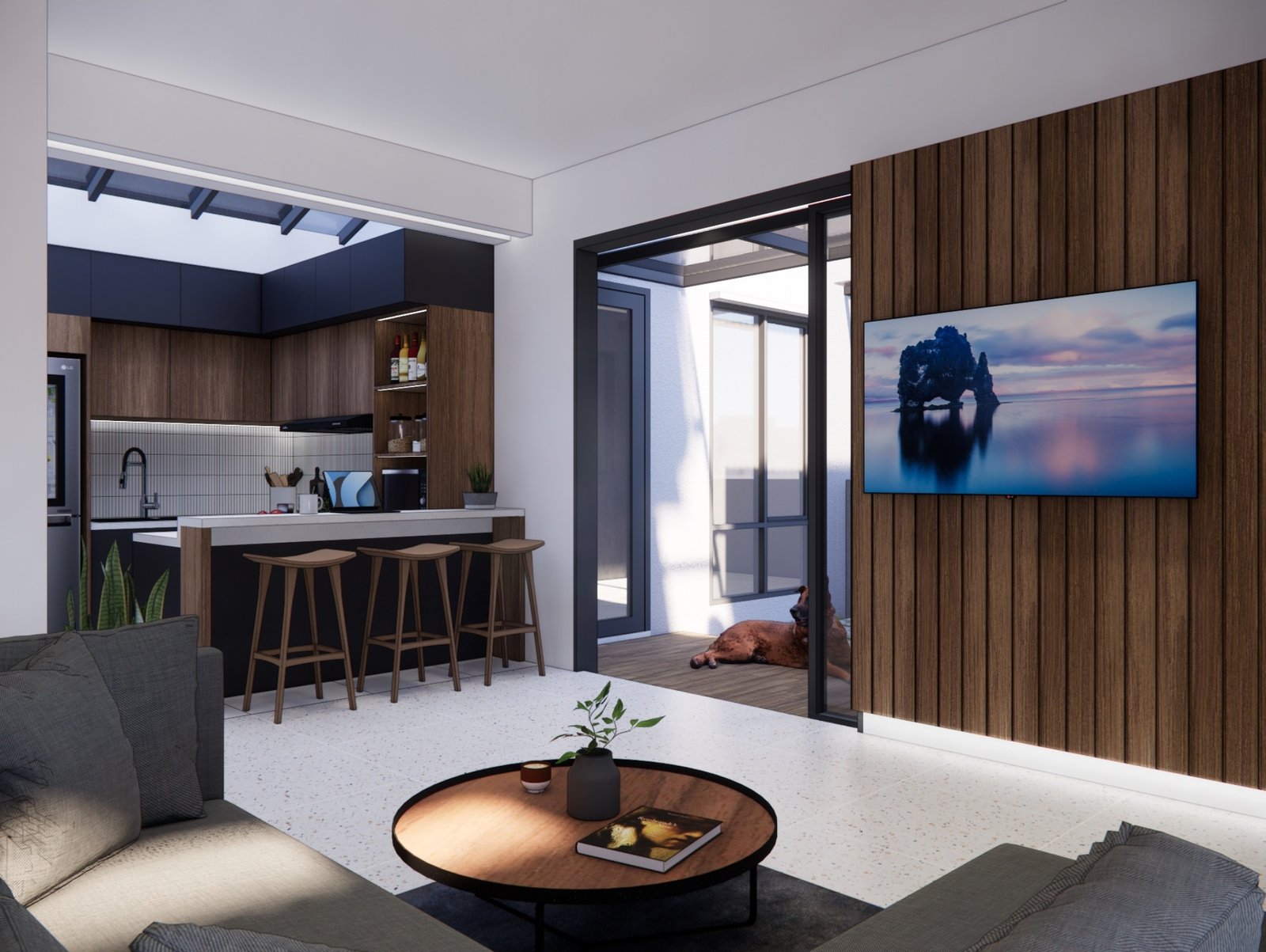 Living room opening to the kitchen and courtyard, Mr YS House, Tangerang, by Dika Ardi