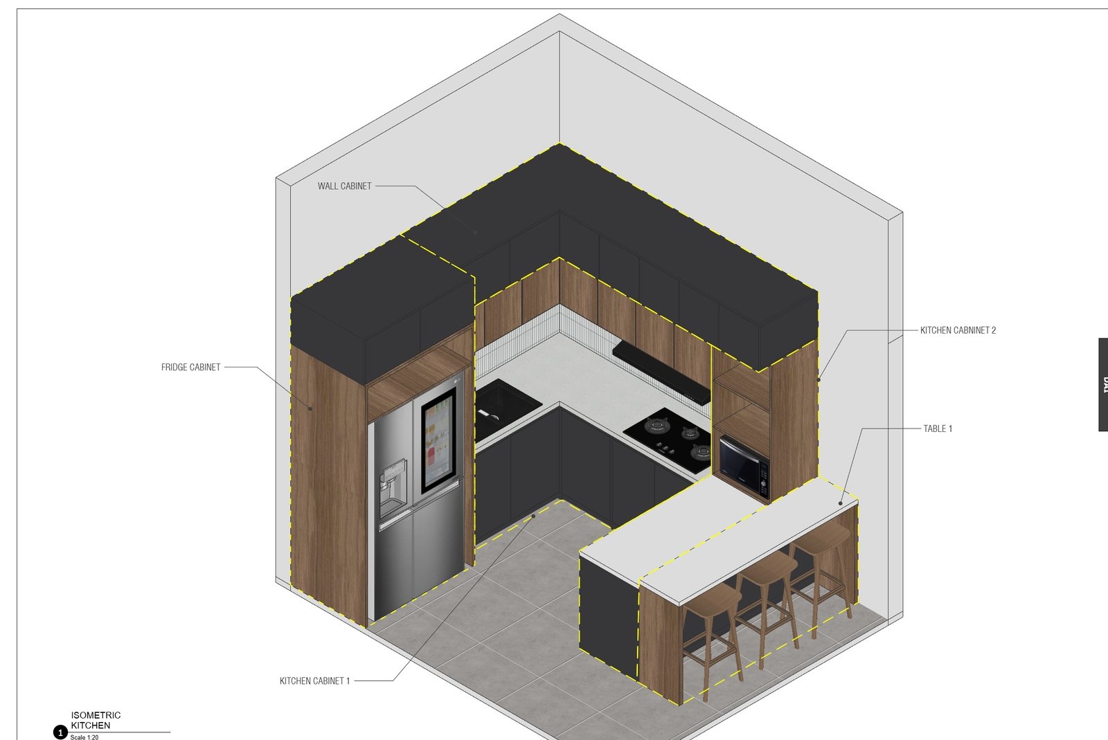 Kitchen axonometric, Mr YS House, Tangerang, by Dika Ardi