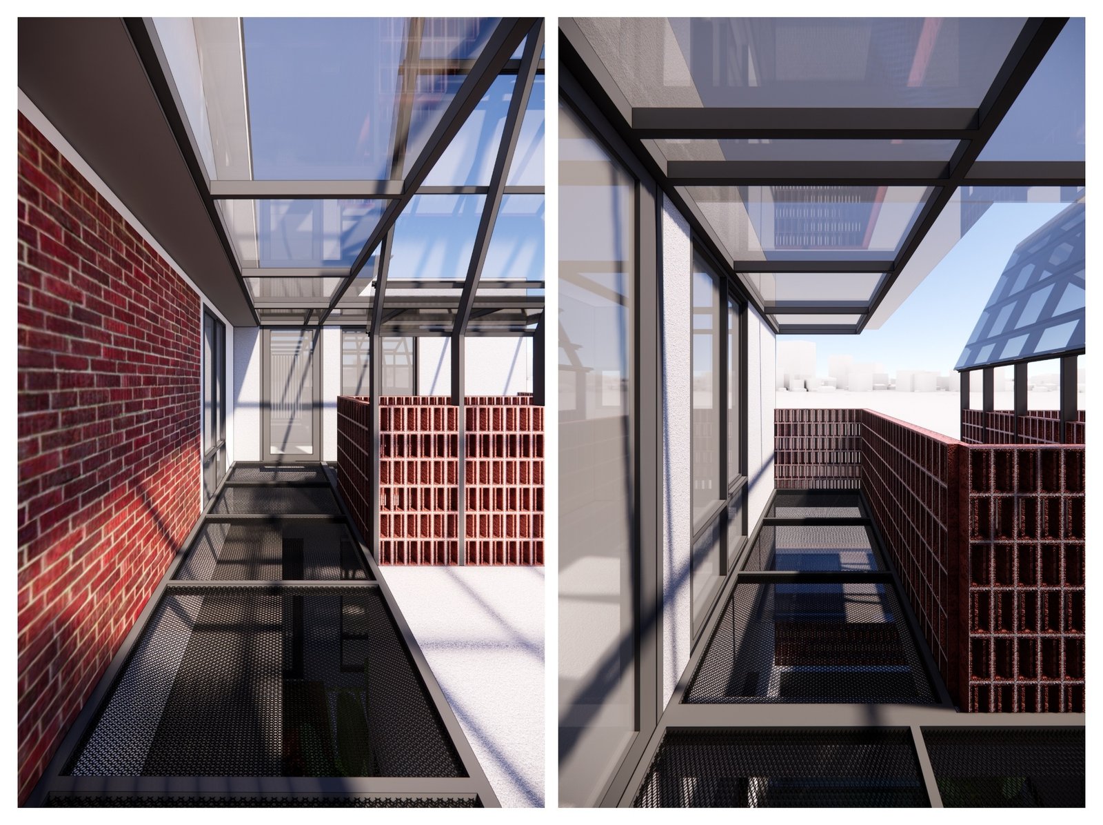 Glass-roofed corridor with brick screen, Mr YS House, Tangerang, by Dika Ardi