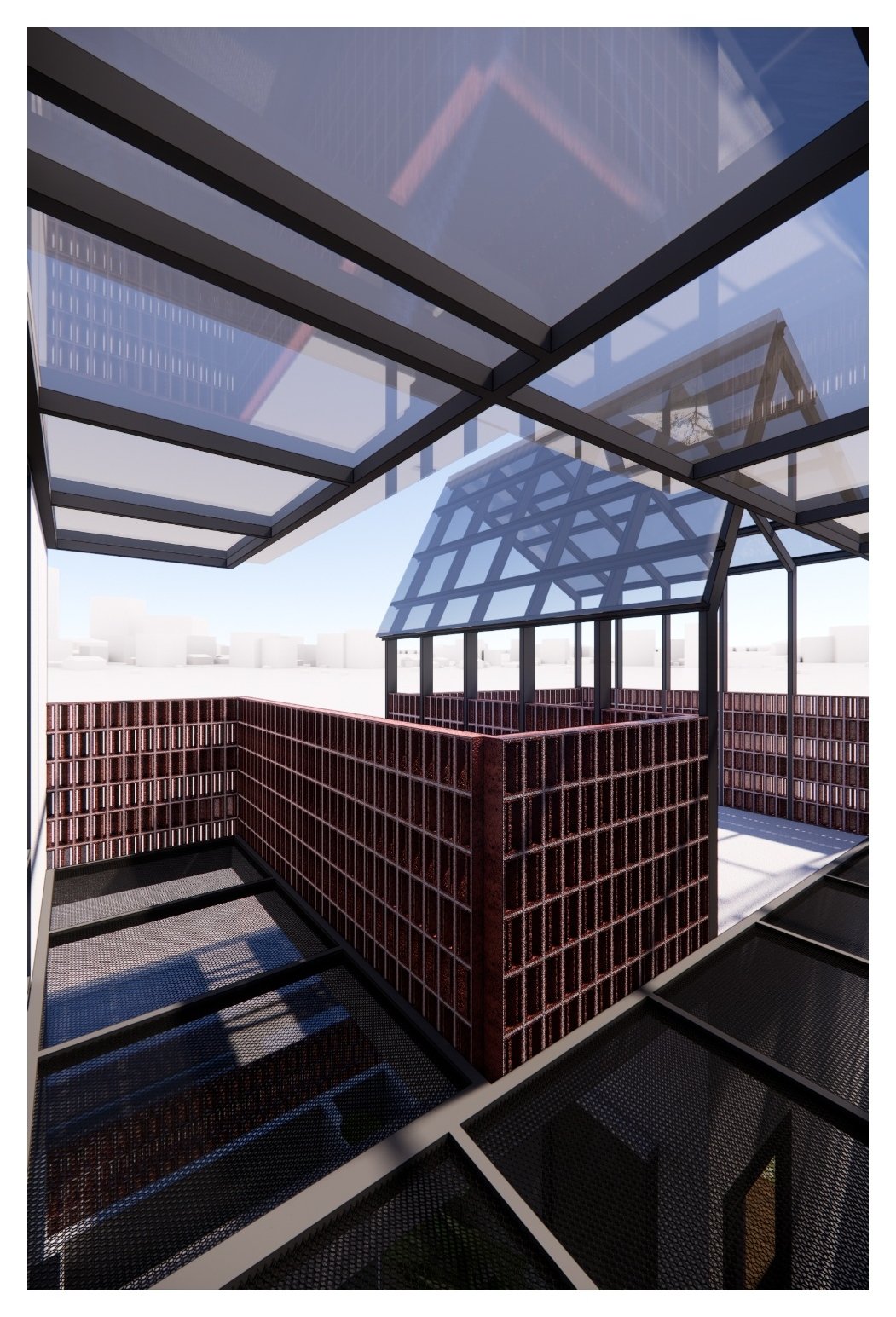 Glass roof and brick parapet detail, Mr YS House, Tangerang, by Dika Ardi