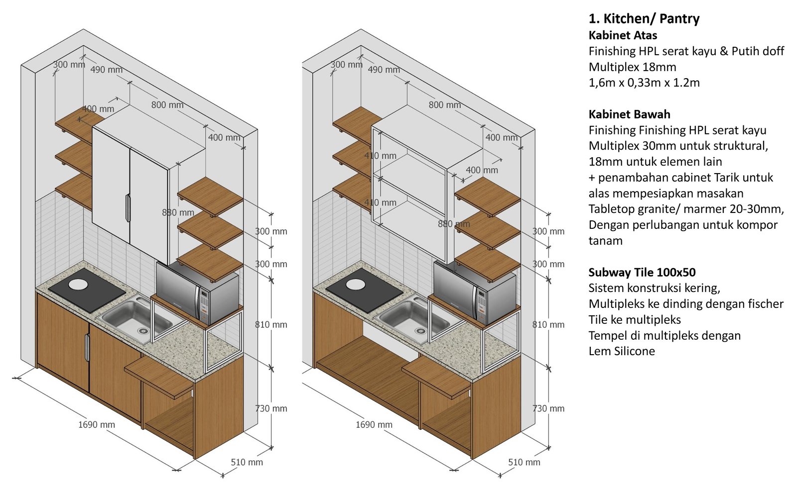 Kitchen and pantry, axonometric, Mrs DL Apartment, Jakarta, by Dika Ardi