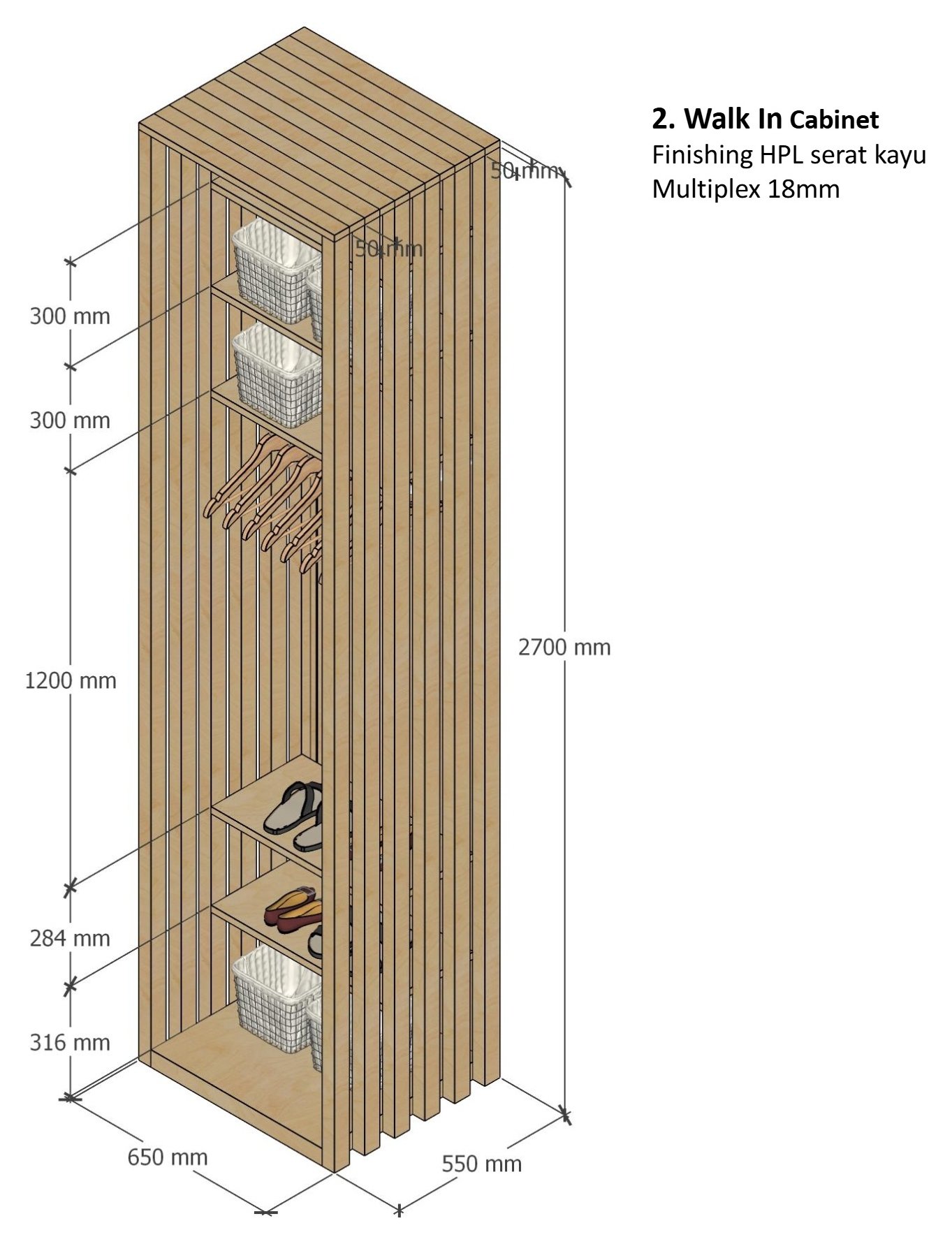 Slatted walk-in cabinet, axonometric, Mrs DL Apartment, Jakarta, by Dika Ardi