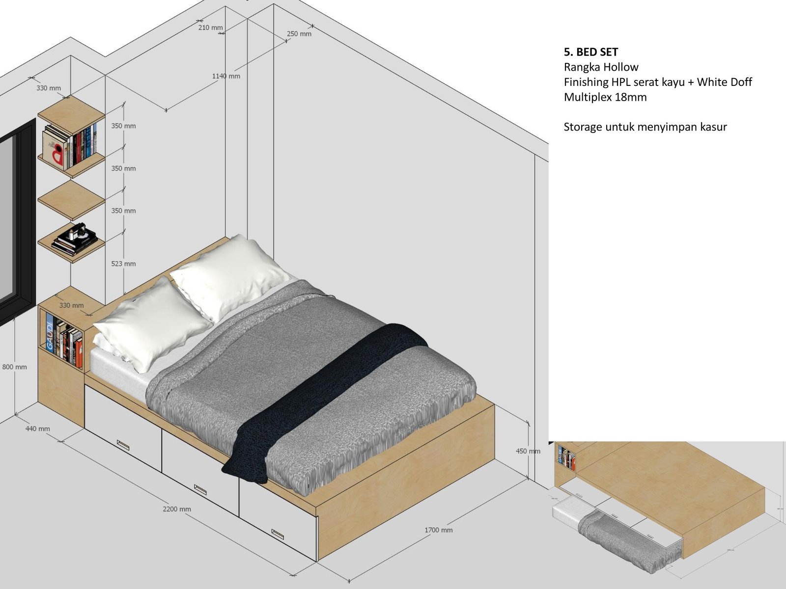 Bed set with storage, axonometric, Mrs DL Apartment, Jakarta, by Dika Ardi