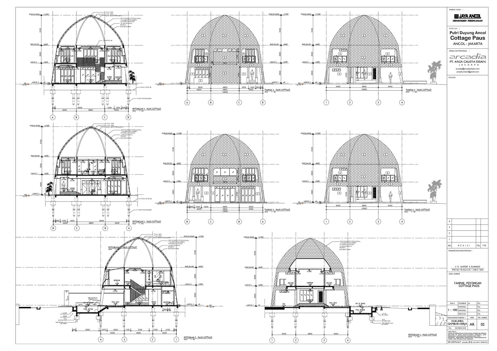 Elevations sections, Paus Cottage at Putri Duyung Ancol, Jakarta, designed by Dika Ardi