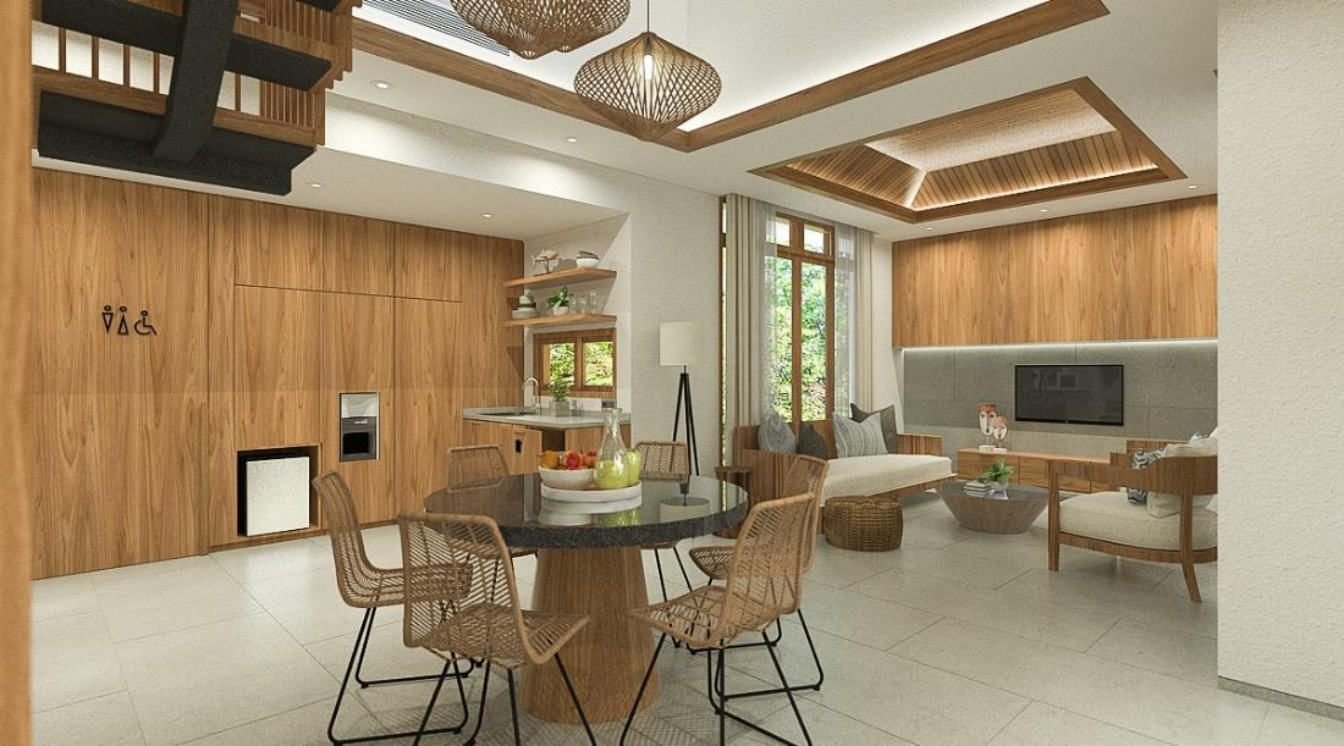 Living dining overview, Paus Cottage at Putri Duyung Ancol, Jakarta, designed by Dika Ardi
