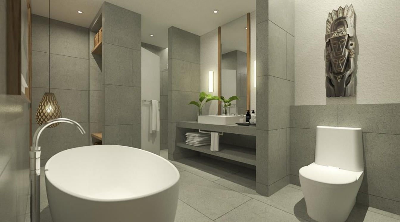 Master bathroom bathtub, Paus Cottage at Putri Duyung Ancol, Jakarta, designed by Dika Ardi