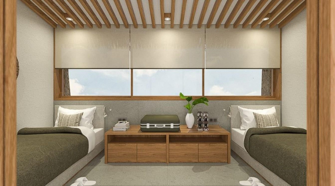 Twin bedroom, Paus Cottage at Putri Duyung Ancol, Jakarta, designed by Dika Ardi